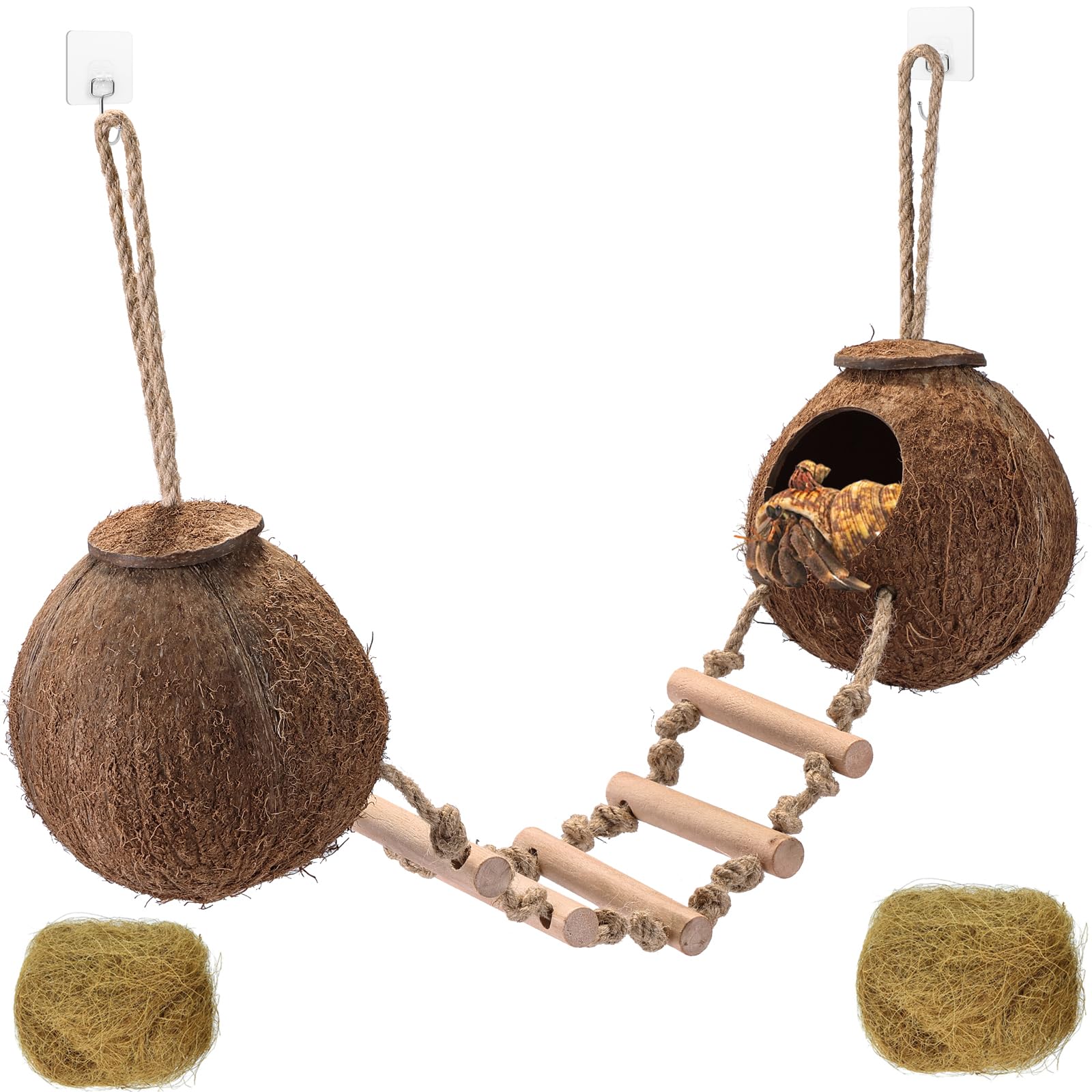 Photo 1 of HERCOCCI Gecko Tank Accessories, Hermit Crab Toys Double Coconut Shell Natural Coconut Husk Hut with Climbing Ladder with Suction Cup for Leopard Gecko Snake Reptiles