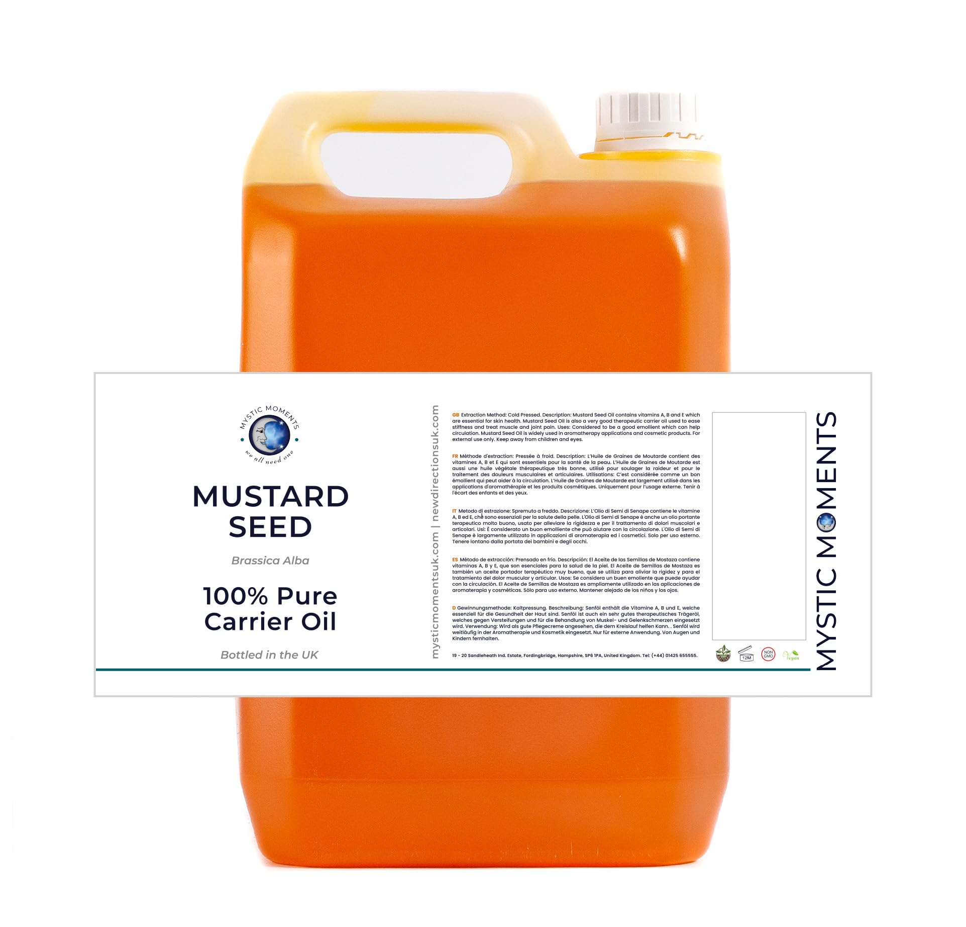 Mystic Moments| Mustard Seed Carrier Oil 5 Litres | Pure Natural Botanical Treatment | Ideal for Hair, Face, Nails, Aromatherapy & Massage