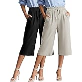 Locoowai 2 Pack Women's Wide Leg Linen Capri Pants Casual Cotton High Waist Cropped Palazzo Summer Trousers with Pockets(Black, Oatmeal,Small)