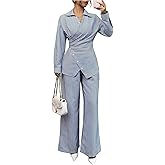 MakeMeChic Women's Office Striped 2 Piece Outfits Wrap Long Sleeve Collared Shirt and Pants Matching Set