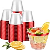 pyntop 100pcs Red and Clear Plastic Cups, 9oz Plastic Cups Red Rimmed Disposable Cocktail Glasses Fancy Disposable Cup Drinking Tumblers Shot Cup for Wedding Party