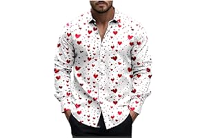 MRMAERE Valentines Day Dress Shirt Men Stylish Casual Lapel Long Sleeve Love Heart Print Button Down Shirts Mens Vacation Top