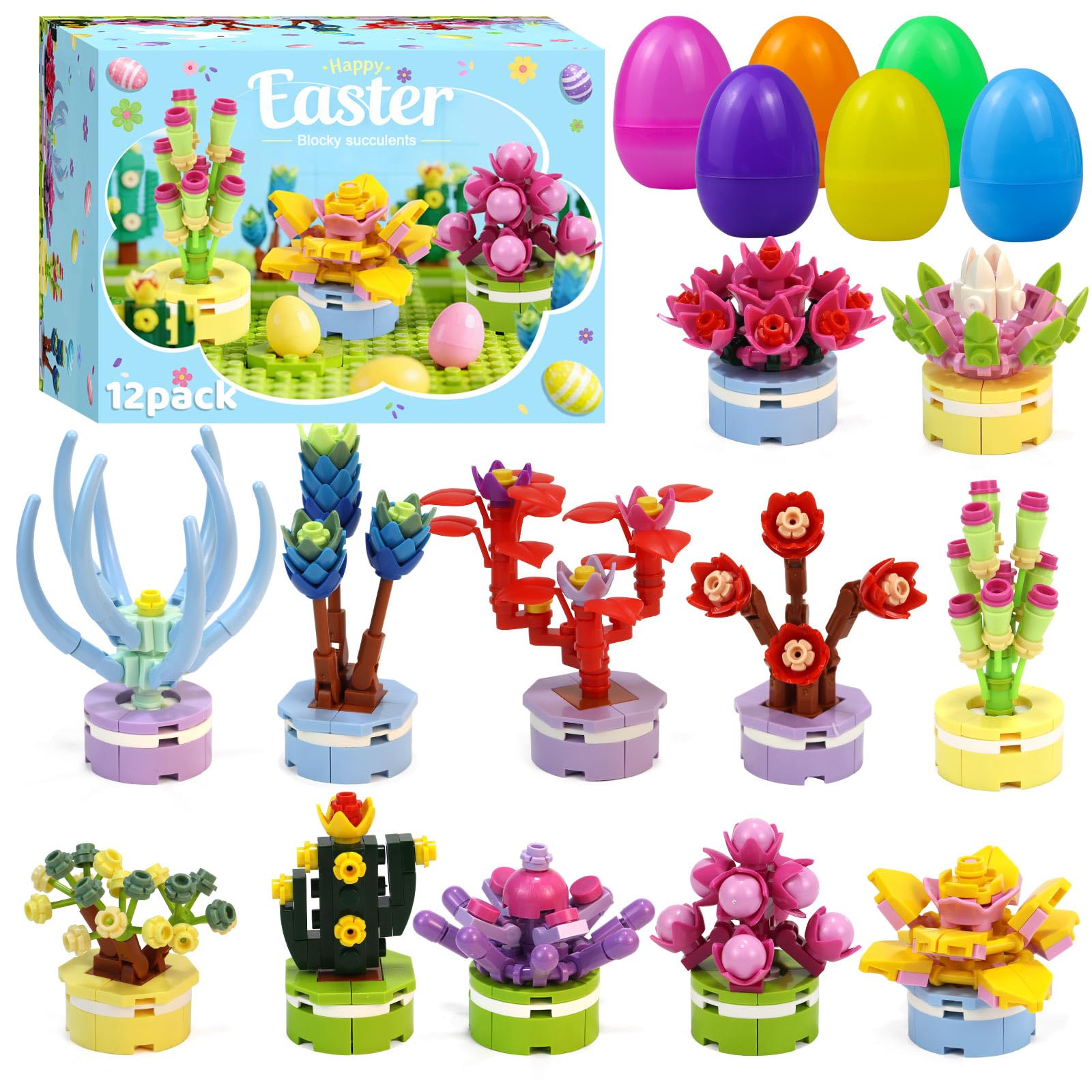 UAYNFY 12PCS Easter Eggs with Succulent Building Blocks - for Easter Basket Stuffers/Fillers, Easter Egg Hunts, Easter Theme Party Favors & Gifts (Teens & Kids)