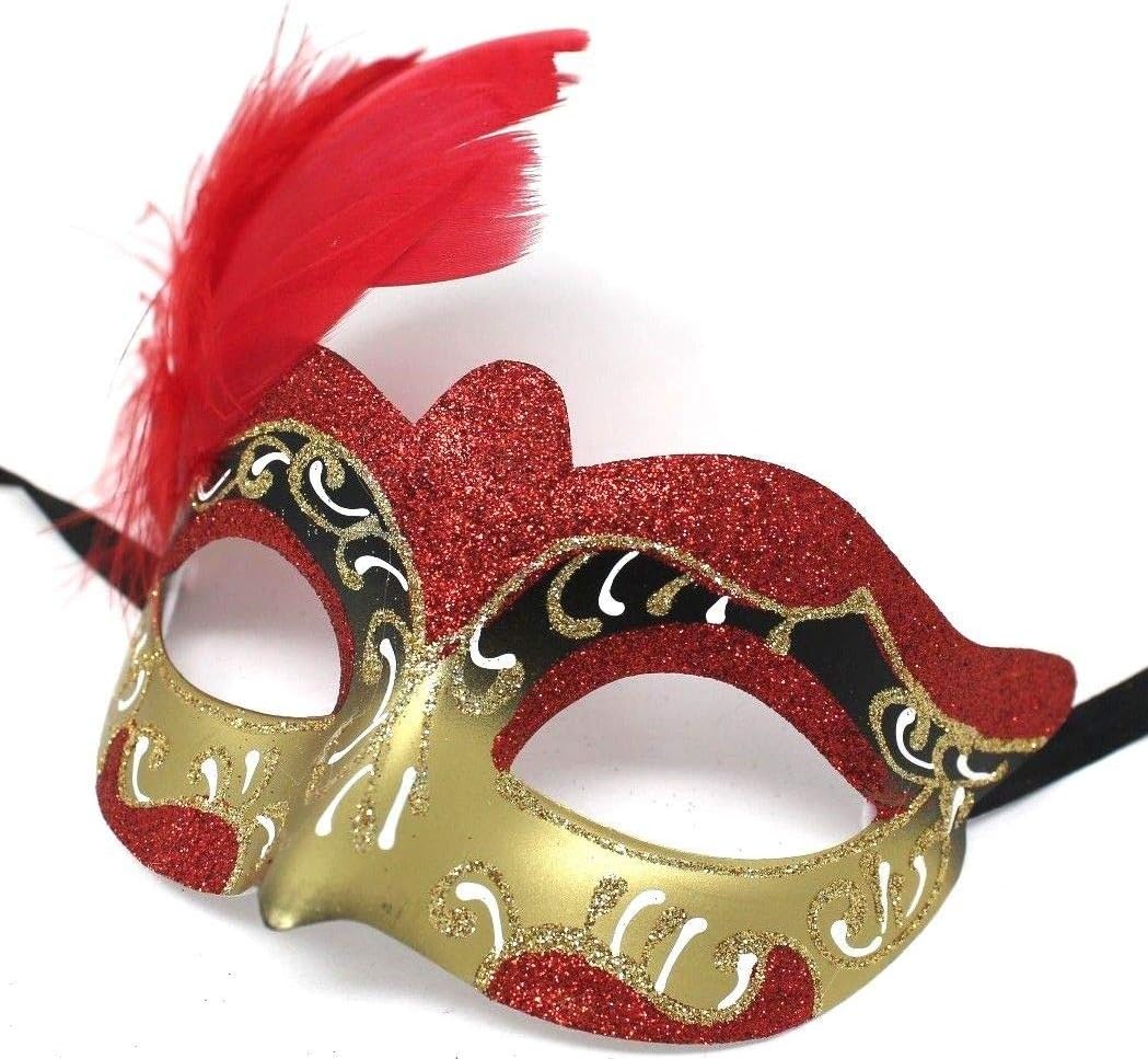 LADIES RED WHITE & GOLD VENETIAN MASQUERADE HALLOWEEN CARNIVAL PARTY EYE BALL FEATHER MASK, Red White Gold, 7.5cm Deep