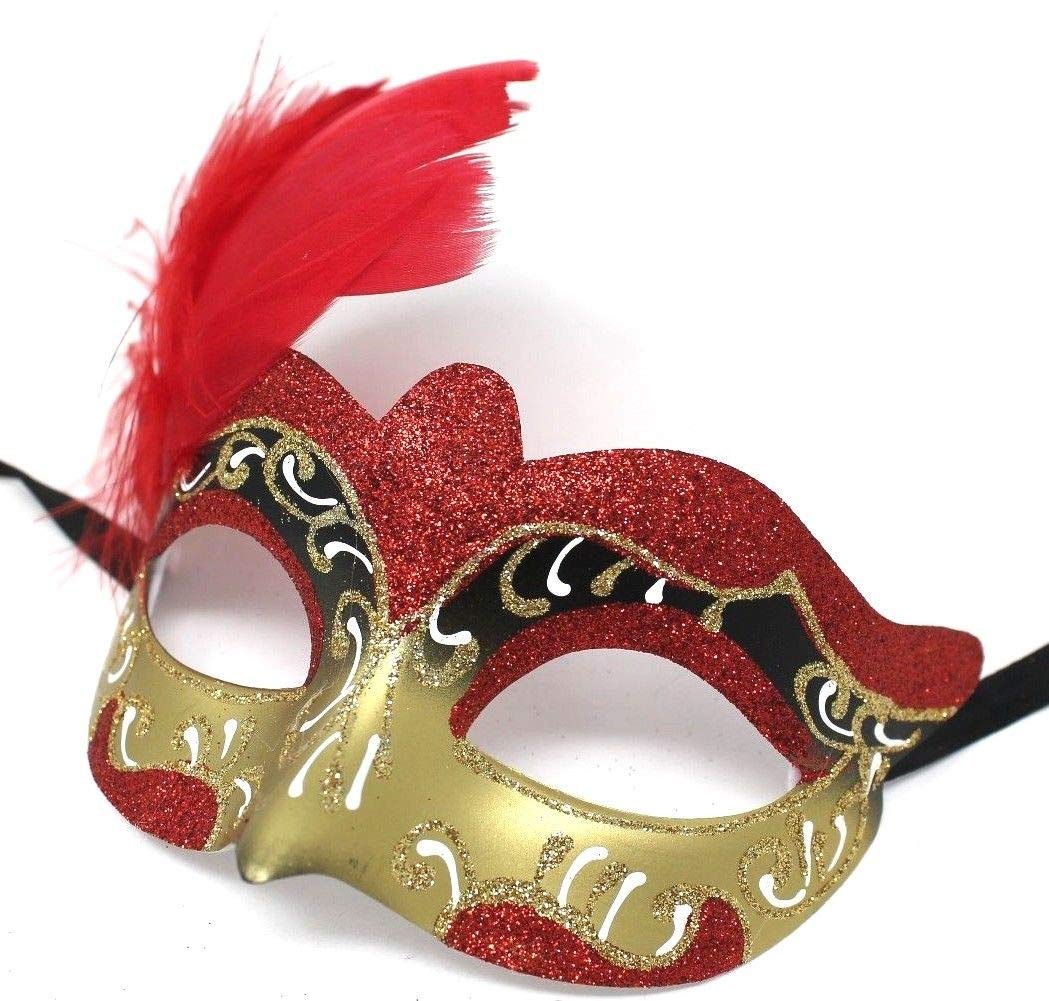 LADIES RED WHITE & GOLD VENETIAN MASQUERADE HALLOWEEN CARNIVAL PARTY EYE BALL FEATHER MASK