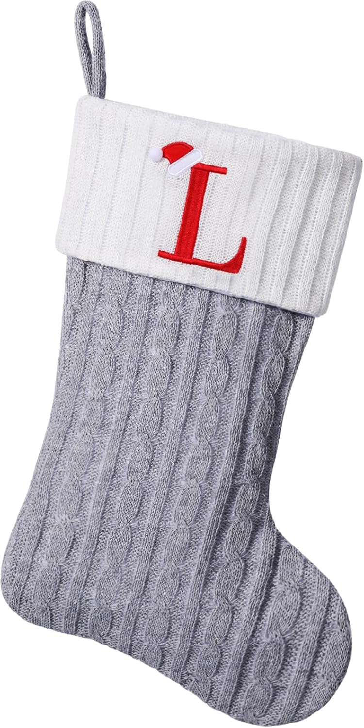 Stockings & Holders - Yehnois 19.5-inch Grey Knit Monogram Christmas Stockings.Personalized Initial Christmas Stocking, Family Holiday Xmas Party Decor,Letter L