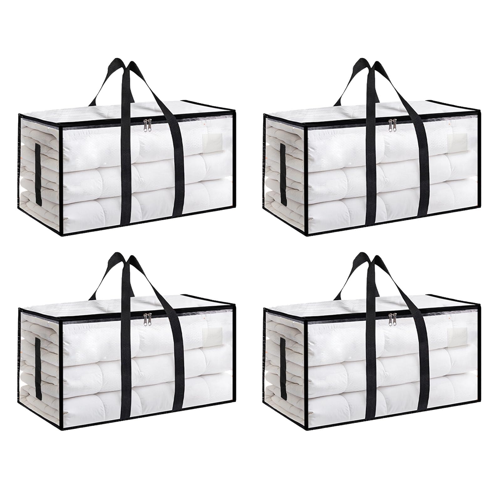 4 Pack-Extra Large Heavy Duty Moving Bags - Waterproof Storage Totes with Handles & Zippers, Foldable for College Dorm, Storage (Clear)
