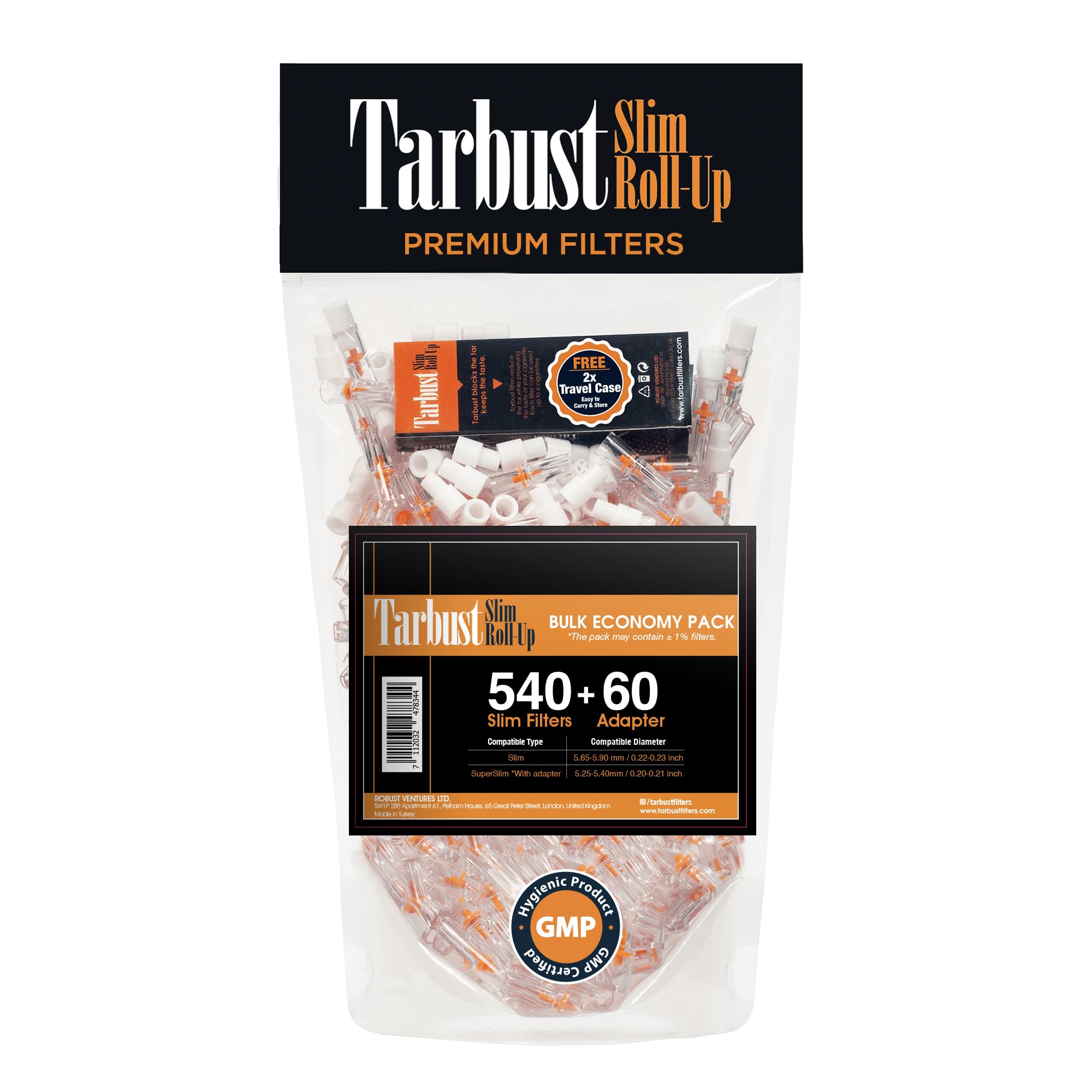 Photo 1 of Tarbust Slim Cigarette Filter Tips That Remove Tar and Chemical, for Slim & Roll-ups, Bulk Economy (540 Filters+60 Adapters to Convert to Super Slim+2 Free Travel Cases)