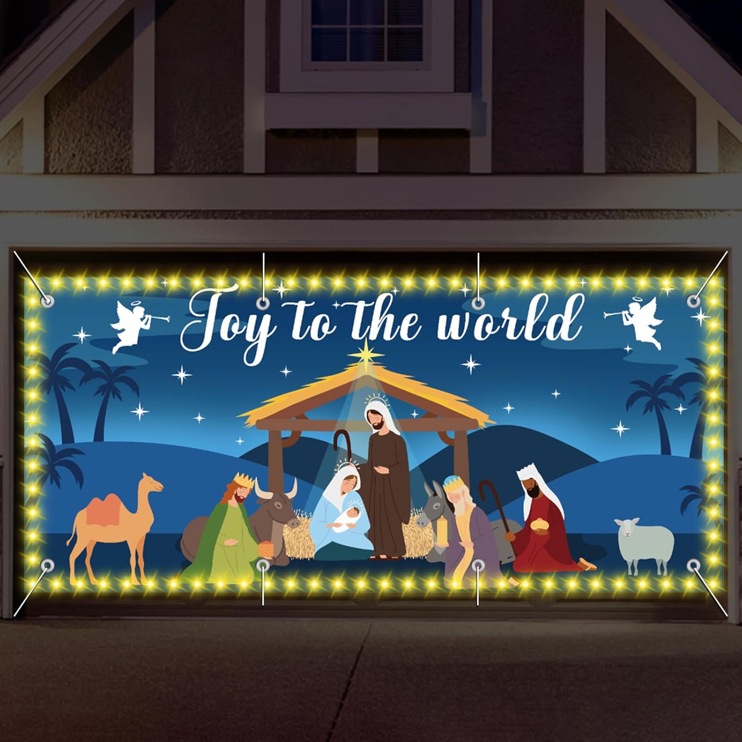 Garage Door Decorations - 6 x 13 ft Holy Nativity Christmas Garage Door Banner Nativity Scene Large Christmas Backdrop Decoration with LED String Lights Outdoor Holiday Cover Religious Christmas Backdrop Decoration