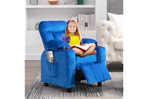 MOOITZ Kids Recliner, Toddlers Kids Recliner Chair with Cup Holder, Ergonomic Adjustable Velvet Lounge Chair with Footrest & Side Pockets, Toddlers Baby Sofa for Boys Girls Bedroom (Navy)