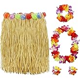 PIXHOTUL Raffia Grass Hula Skirt and Hibiscus Leis Set Hawaiian Costumes for Tropical Hawaiian Party Summer Beach Luau Party