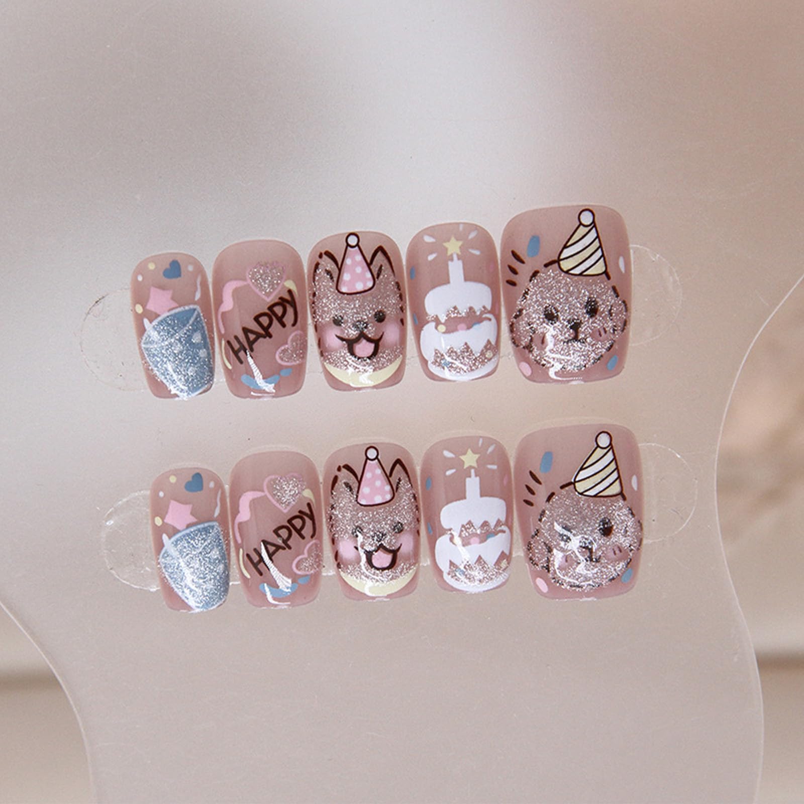 30Pcs Cartoons Puppies Dogs Press on Nails for DIY Manicure Glossy Cat Eye Acrylic Short Square False Nails Gel Glue on Nails Happy Birthday Fake Nails Stick on Nails for Women Girls Cute Dogs Design - Image 4