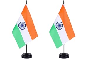 JBSJBS India Desk Flag 12" Solid Pole Deluxe Set Indian Flags Banner Mini Small India Office Table Flags with Black Stand Base Desktop Decorations(2Pack)
