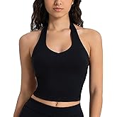 icyzone Halter Sports Bra for Women, Padded Workout Yoga V Neck Crop Tank Tops