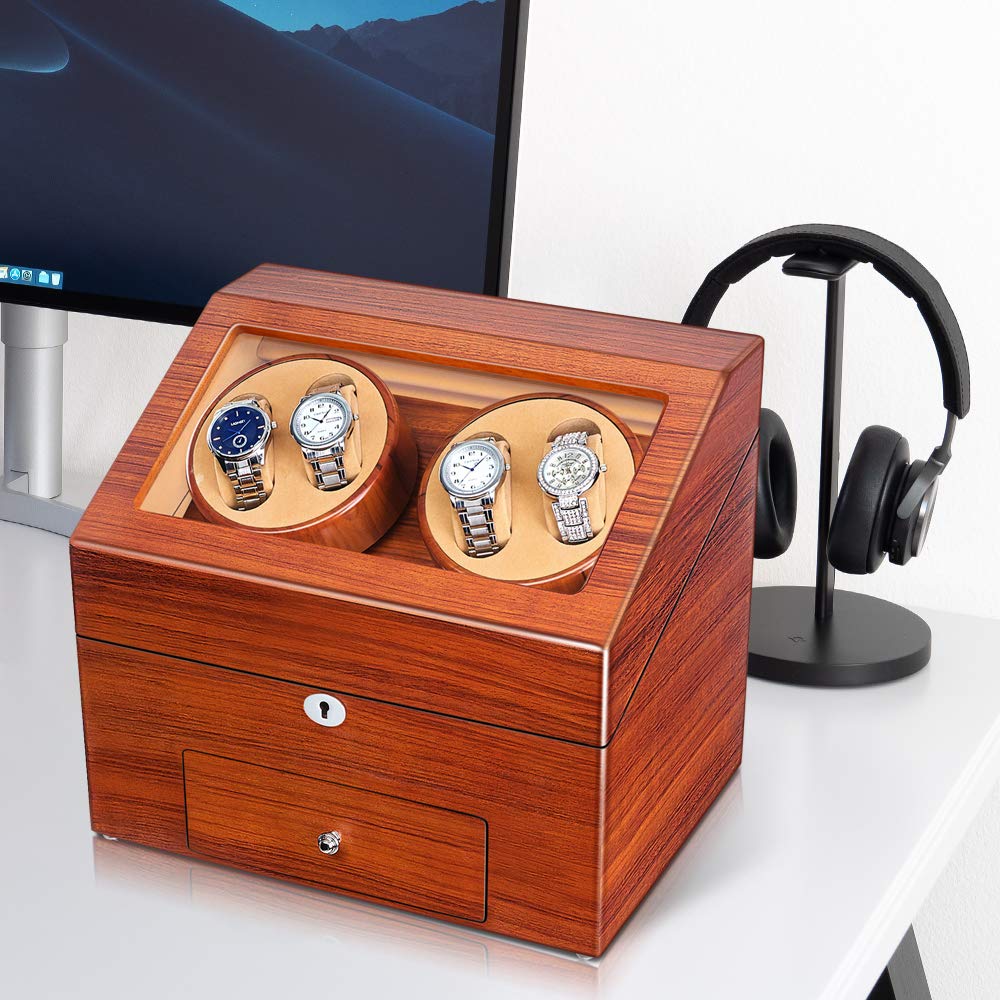 JQUEEN Automatic Wood Watch Winder Display Box 4+9 Storages,with 4 Rotation Mode Setting, Adjustable Watch Pillow for Men’s and Lady’s Automatic Watches Shaker