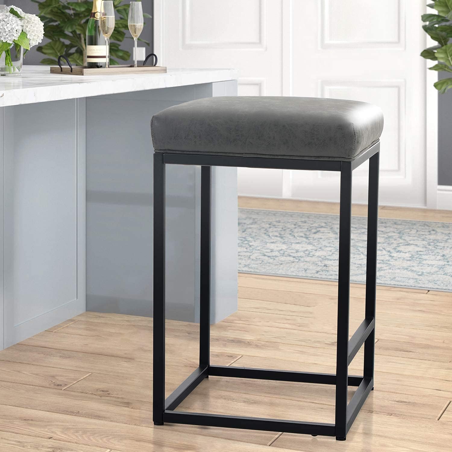Maison Counter Height 24 Inch Bar Stool for Kitchen Counter Backless Industrial Stool Modern Upholstered Barstool Countertop Chair Saddle Seat Island Stool,330 LBS Bear Capacity,1 Stool(24 Inch, Grey): Furniture & Decor
