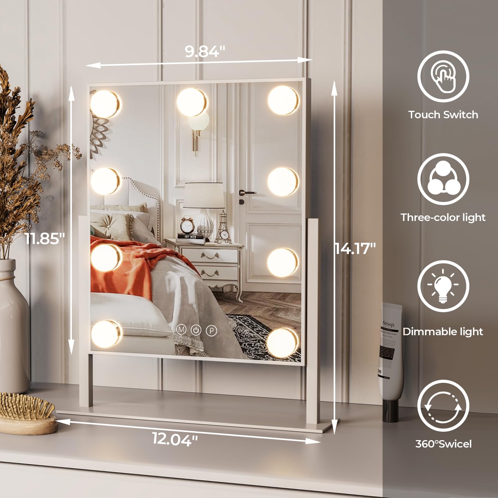 ZL ZELing Vanity Mirror with Lights,Makeup Mirror with Lights,10X Magnification,Light up Mirrors with Smart Touch 3 Colors Dimmable,Mirror with Lights with 360° Rotation