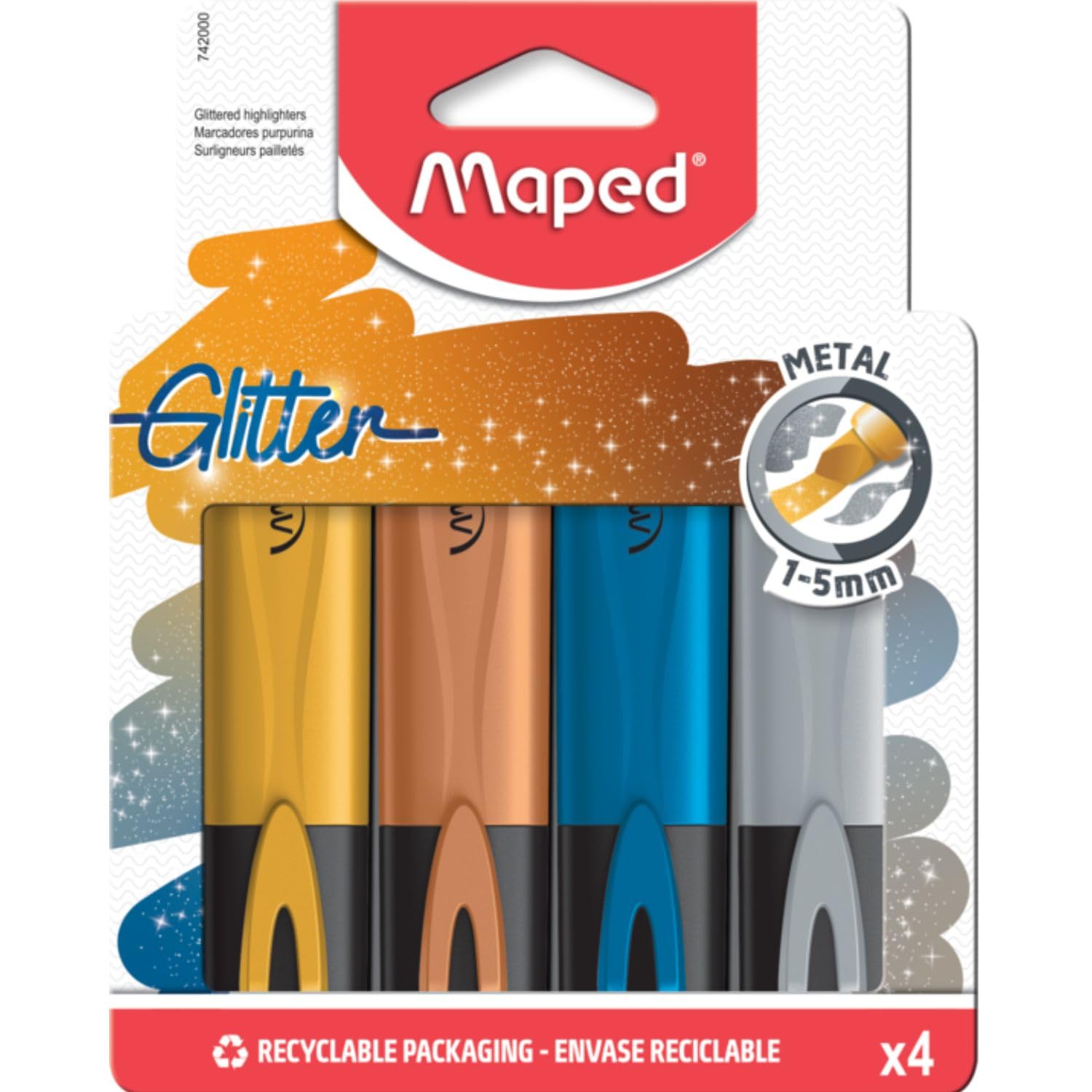 Maped Metallic Highlighters - 4 Highlighter Pens with Glitter Ink