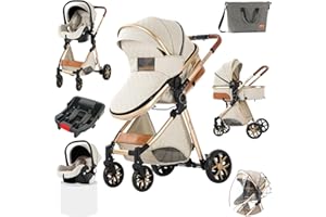 MAGIC ZC 3 in 1 Baby Stroller Travel System, Reversible Newborn Foldable Pram, Infant High Landscape Pushchair, Portable Standard Stroller, Reclining Buggy, Baby Carriage (UDV9-WHITE with Base)