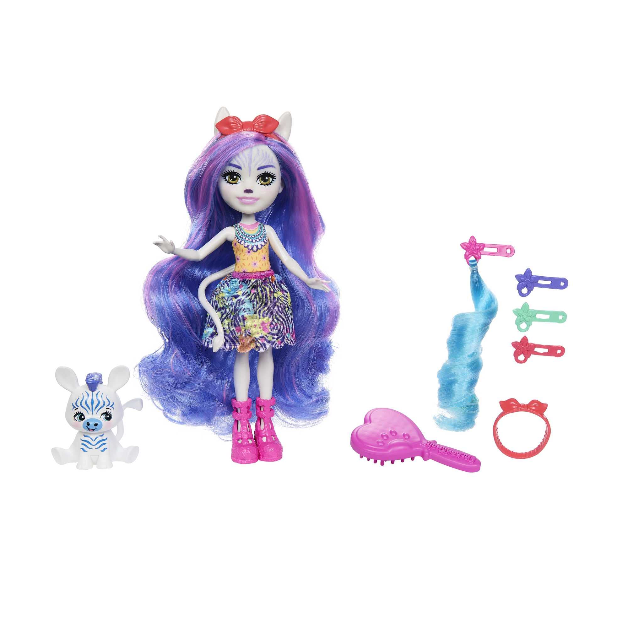 Enchantimals Zemirah Zebra Doll with Long, Glamorous Hair, Accompanied by Best Friend Grainy, Total 5 Hair Play Accessories, Gift for Children from 4 Years, HNV28
