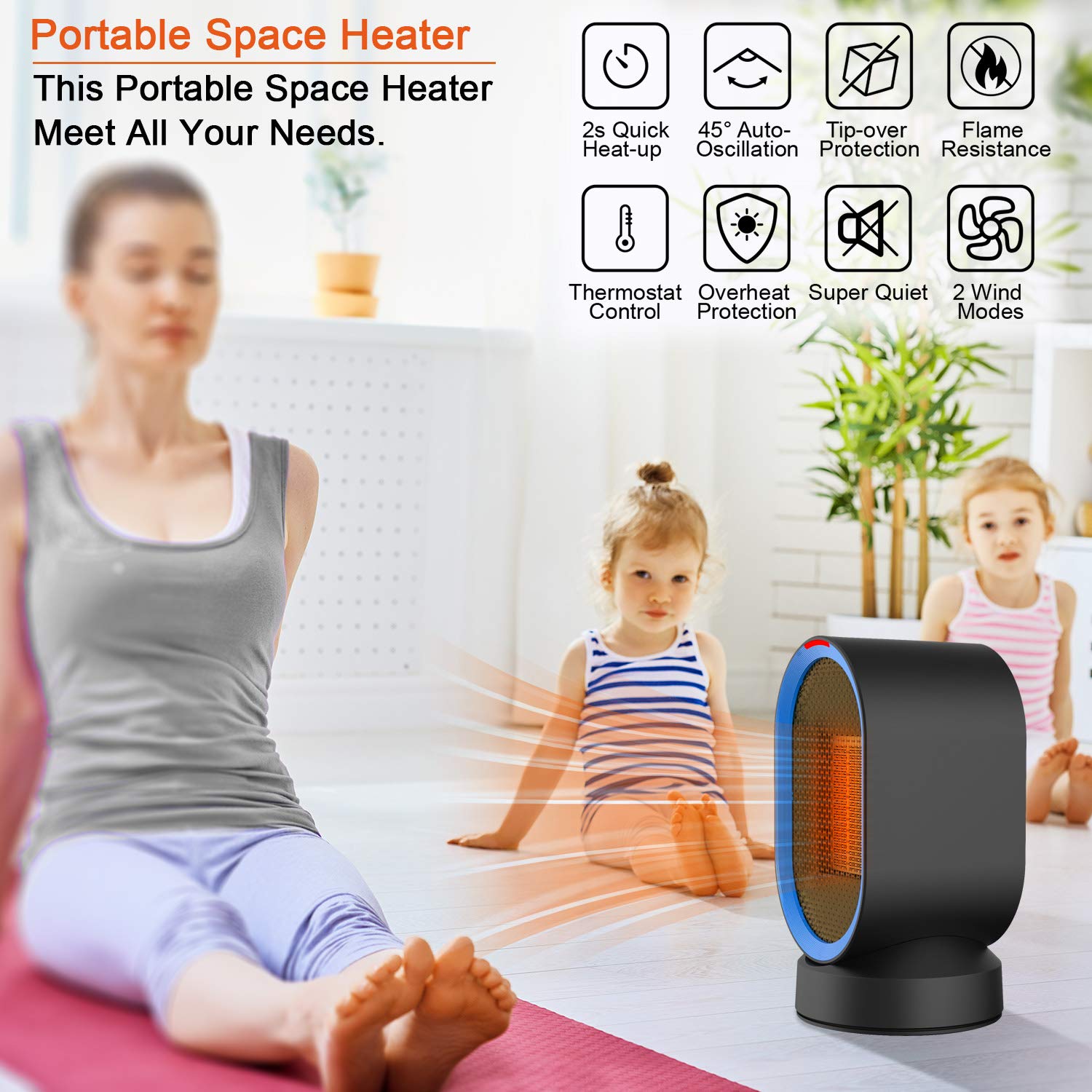 Ceramic Space Heater, Small Portable Electric PTC Heater with Auto-Oscillation,2s Quick Heating,Hot&Natural Wind,Tip-Over&Overheating Protection for Home Office Desk, 600 Watts