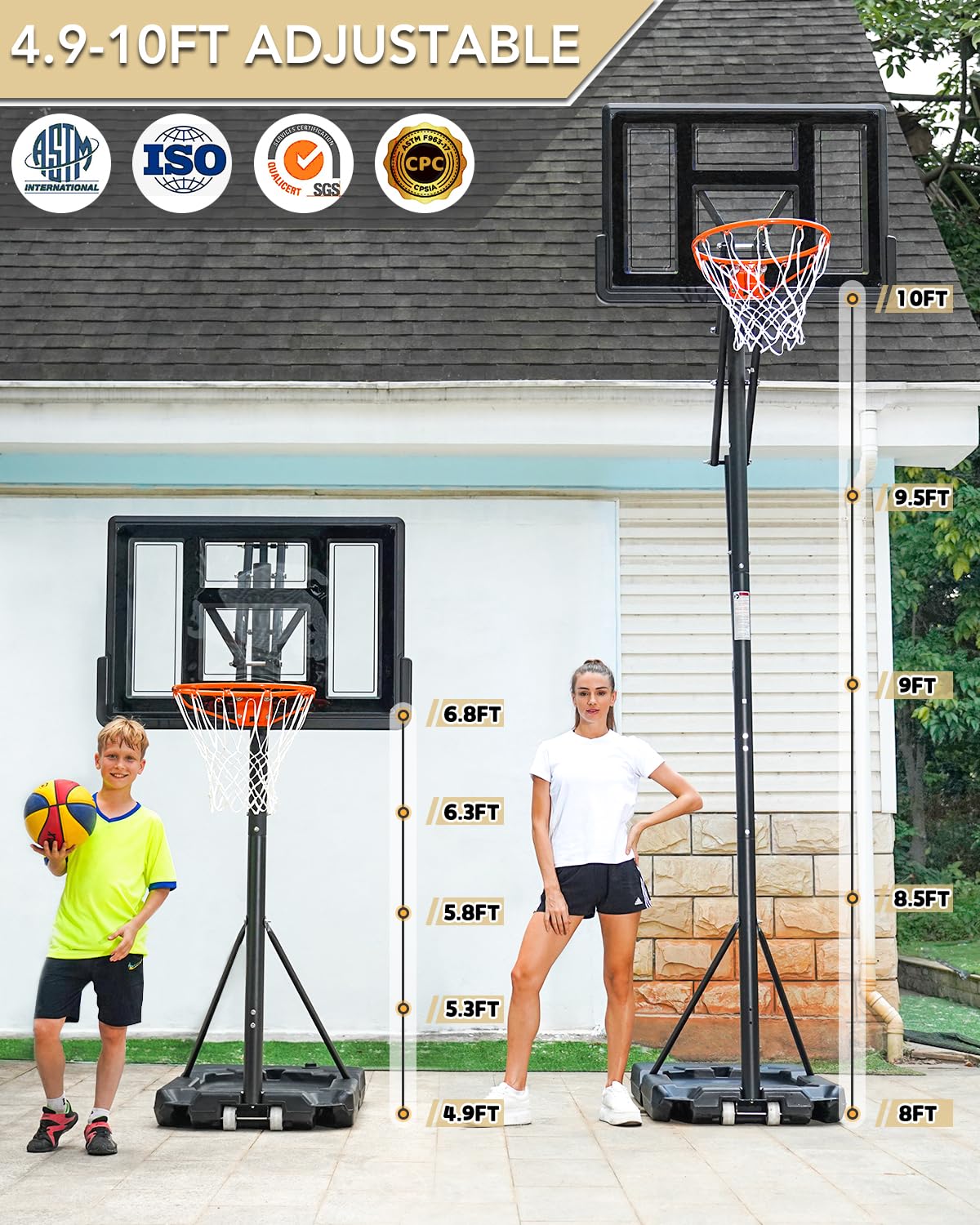 WIN.MAX Portable Basketball Hoop Quickly Height Adjusted 4.910ft