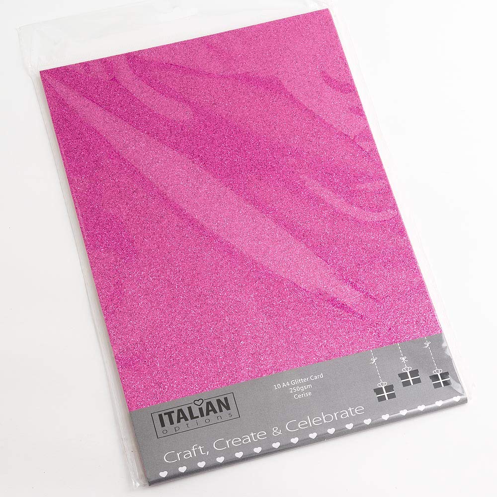 Italian Options Non-Shed Glitter Cardstock Paper, Sturdy Glitter Card for Electronic Die-Cutter Machines, Christmas Crafts and Card Making Supplies, 10 Coloured Sheets, A4, 250gsm, Cerise