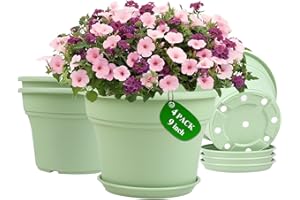 POTTIFFE 9 Inch Plastic-Flower Pot-for-Indoor Plants, 4 Pack Large Outdoor Planter Pot with Drainage Holes & Saucers, Resin Decorative Garden Pots Planters