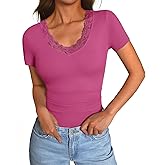 GKBK Womens Short Sleeve V Neck T Shirts Ribbed Lace Casual Tops Going Out Fitted Tight Shirts Basic Tee 2026 Outfits Trendy