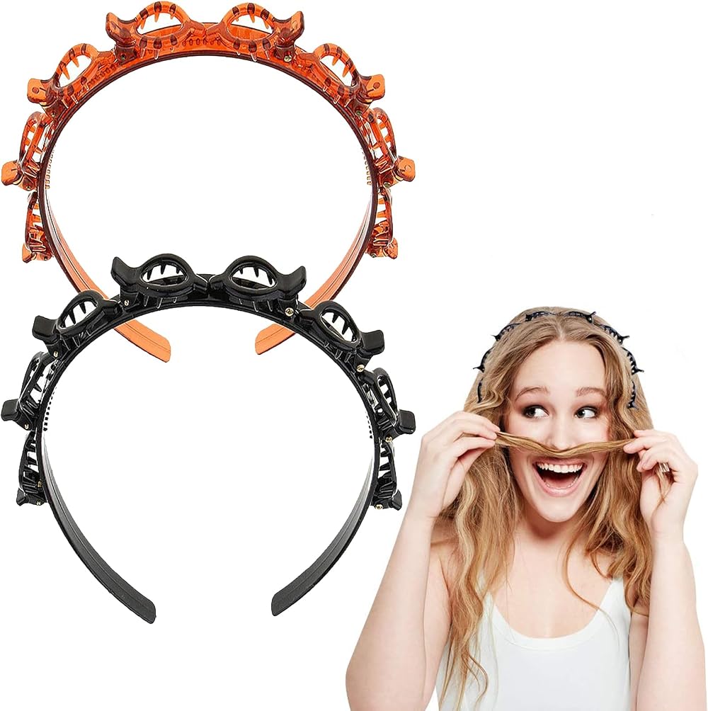 ASIRYVA 2 Pcs Clip Headbands Black Brown Non-Slip Multi-Layer Hairpins
