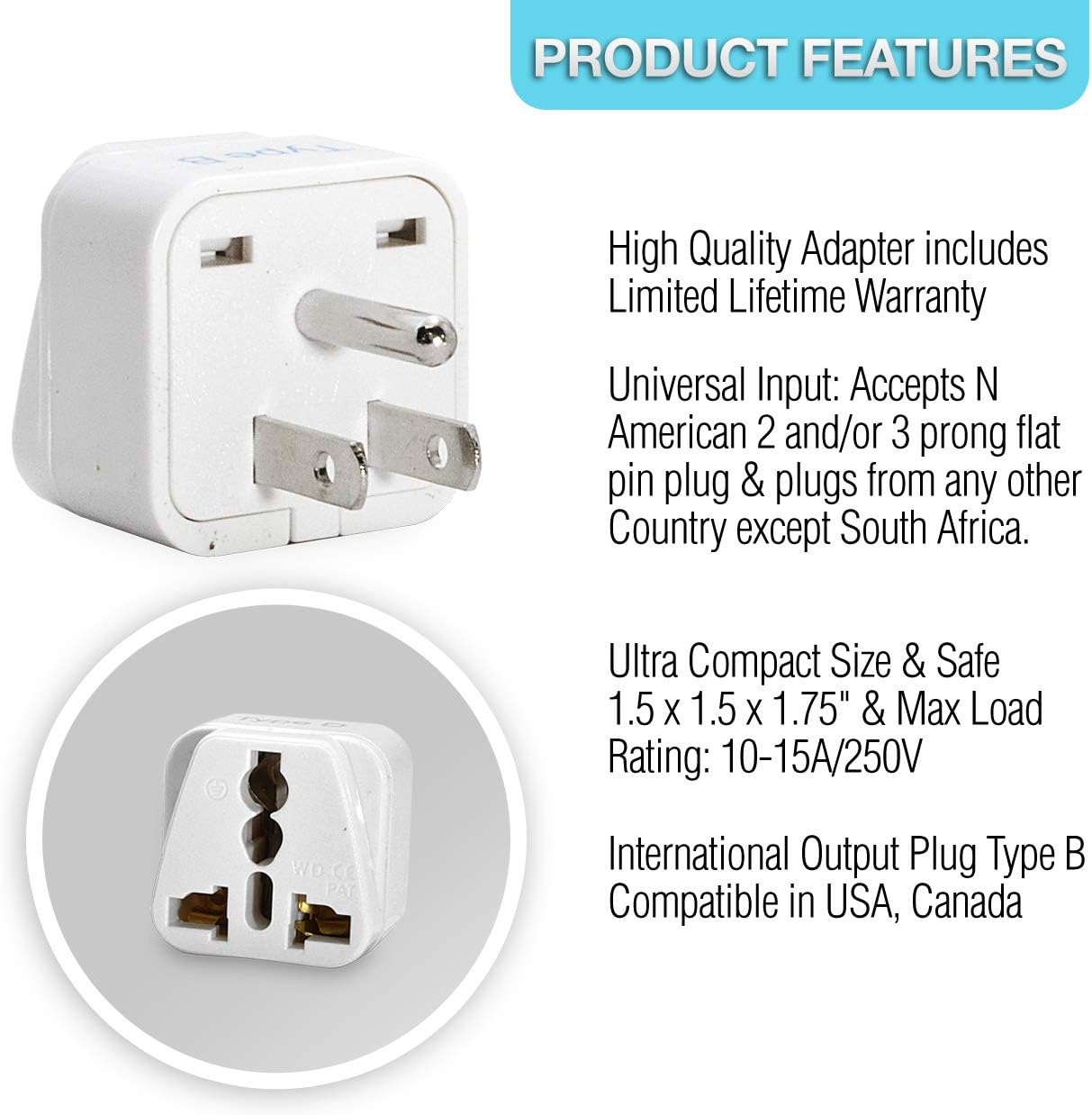 Ceptics USA, Canada Universal Travel Plug Adapter (Type B) -Convert Europe, UK, India, Australia to American Socket - Round to Flat Pin - 3 Pack (GP-5-3PK): Home Audio & Theater