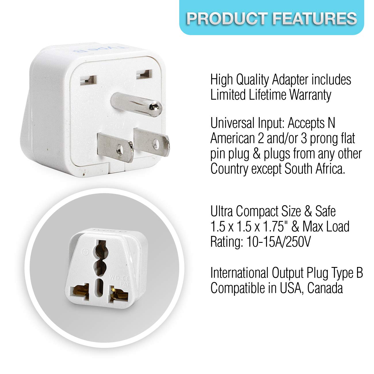 Ceptics USA, Canada Universal Travel Plug Adapter (Type B) Convert Europe, UK, India, Australia