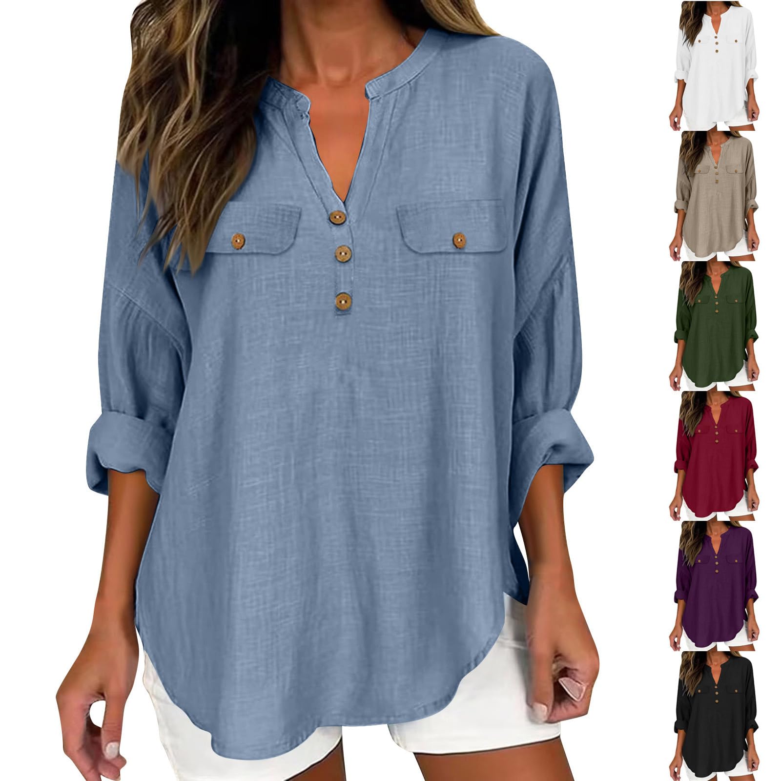 Summer Cotton Linen Tops for Women UK Long Sleeve Button Down Shirts Breathable Lightweight Linen Tops V Neck Pullover Casual Blouse Loose Fit Top for Work Office Wear UK 2026
