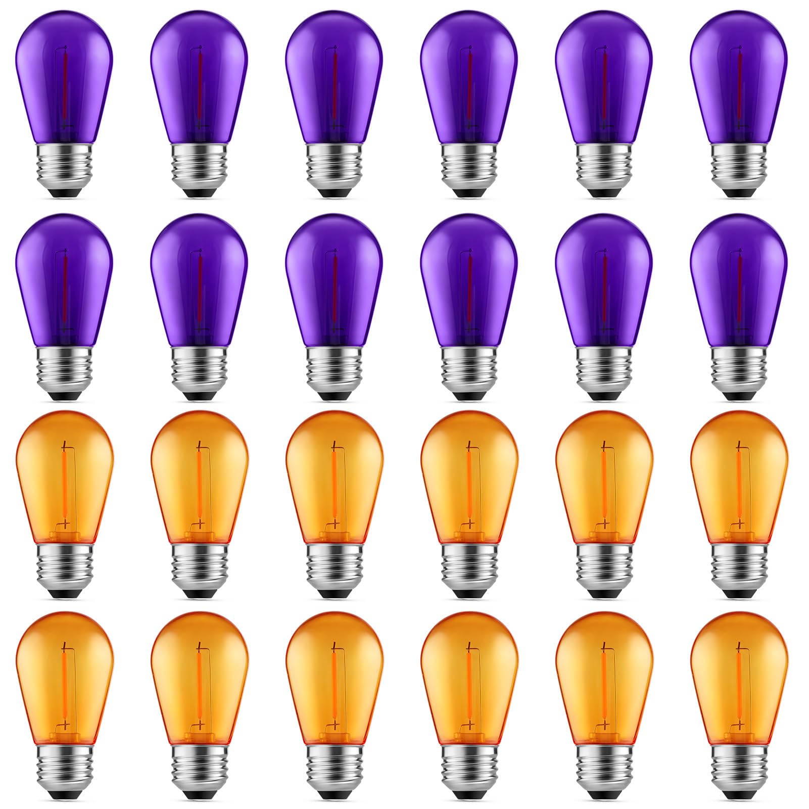Photo 1 of Meconard S14 Purple and Orange LED Light Bulbs, 24Pack 1W Plastic Shatterproof Waterproof LED Bulbs for Indoor Outdoor String Lights, E26 Base, Halloween Decoration, String Light Replacement Bulbs