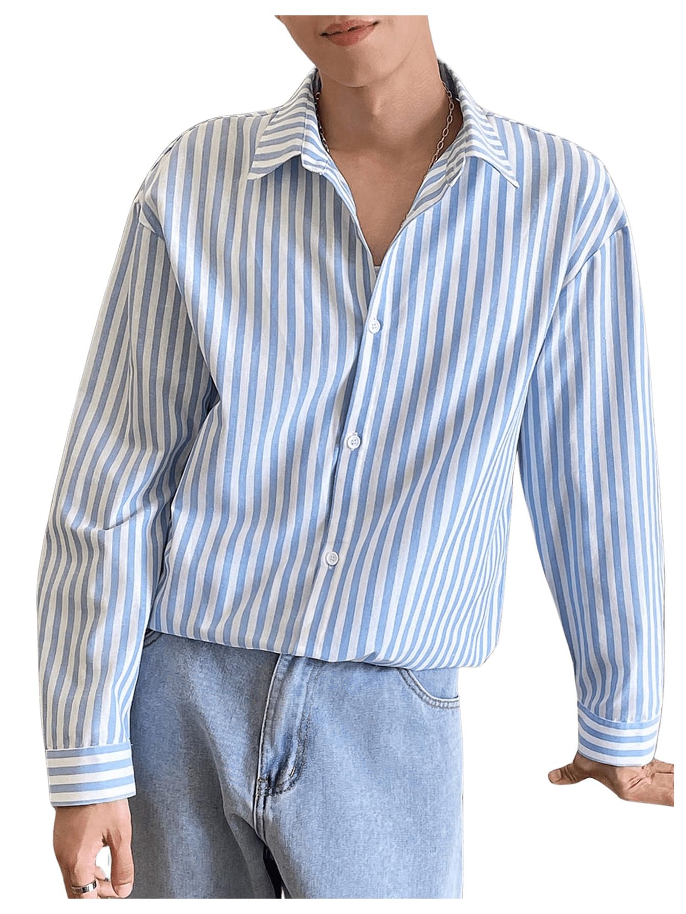 Photo 1 of GORGLITTER Men's Striped Button Down Dress Shirt Long Sleeve Collared Business Casual Shirts Top Blue Large