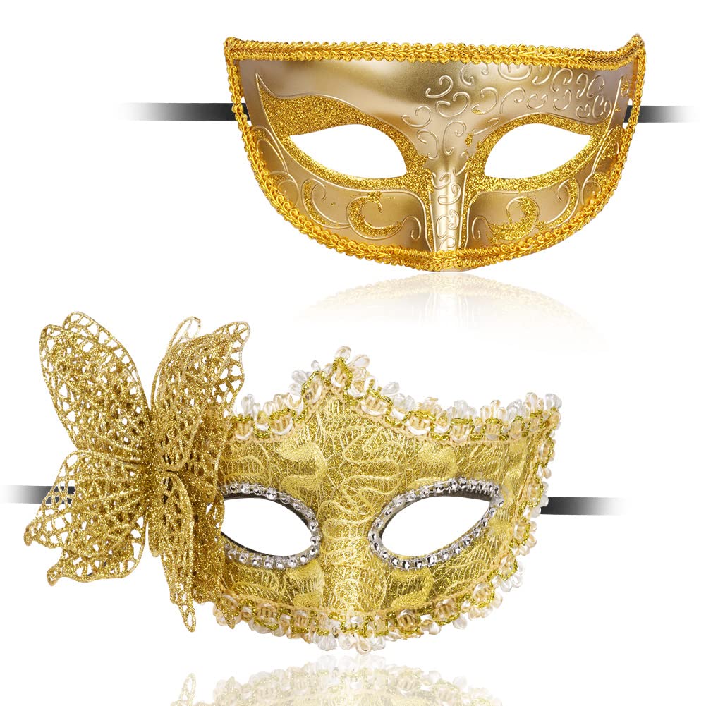 AOMIG Couple Masquerade Masks, 2 Pack Lace Venetian Party Eye Mask Halloween Costume Mask Classic Mardi Gras Mask for Couples Women and Men