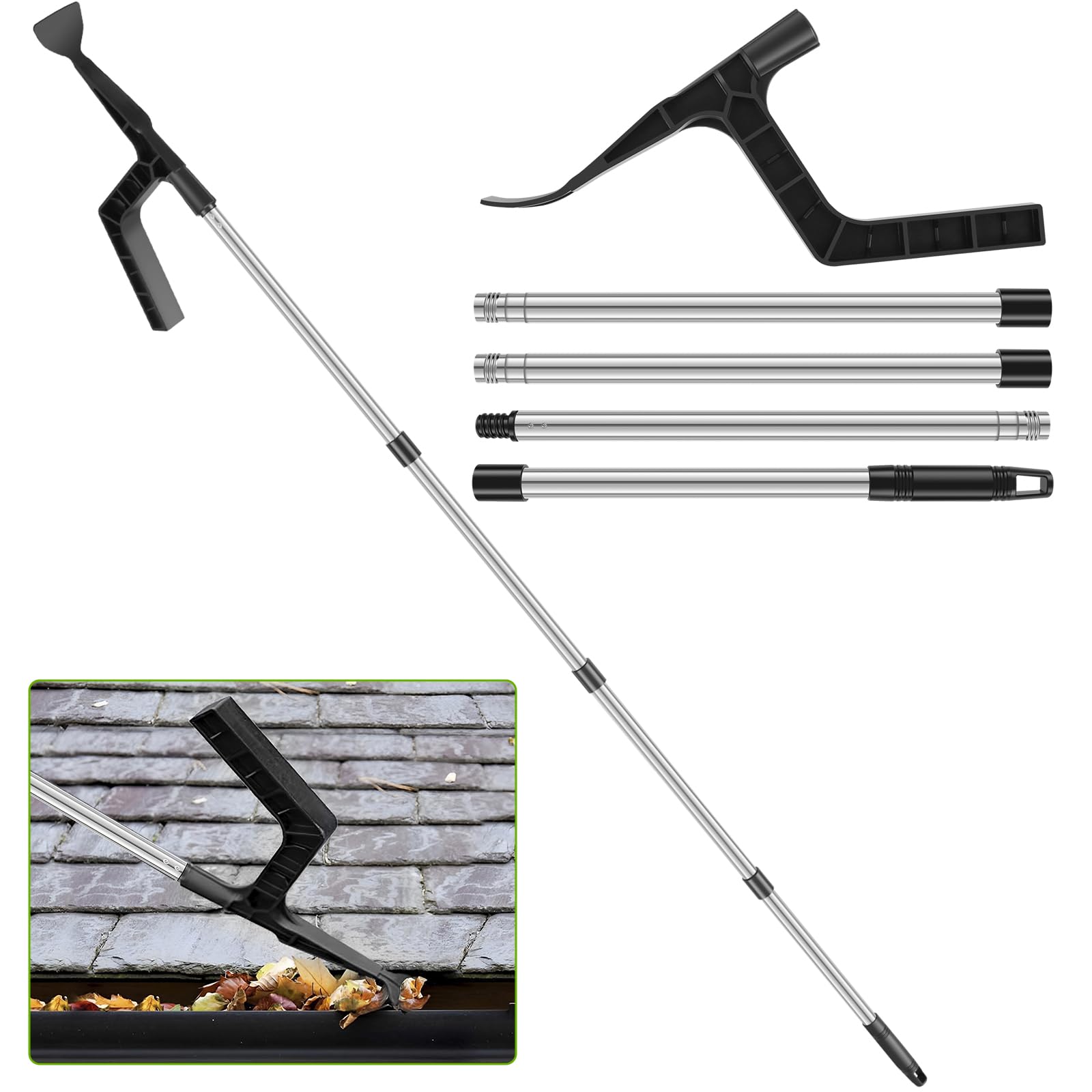 Eummy Gutter Cleaning Tool with 70.8in Splicing Pole Handle Portable Roofing Gutter Detachable Cleaning Brush and Scoop Roofing Guard Cleaning Scraper Tool Easy to Use for Cleaning Leaves