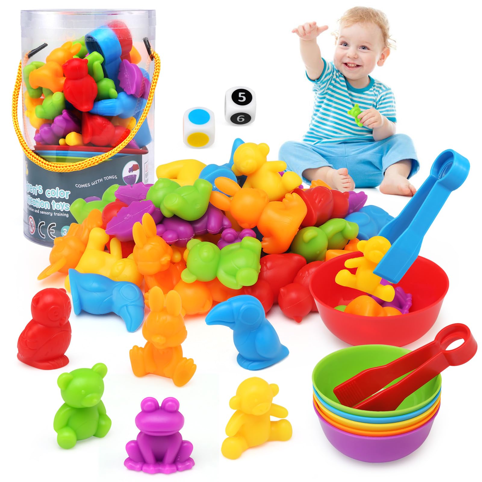 Ballery Colour Sorting Toys, Montessori Counting Toys, 46pcs Rainbow Counting Game with Matching Bowl Dices and Tweezers, Counting Toys Matching Games for 3 4 5 Years Old Boys Girls Kid