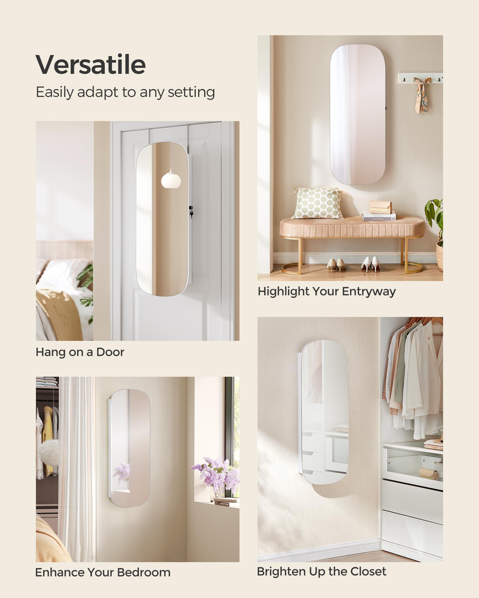 SONGMICS SONGMICS Jewelry Organizer, LED Jewelry Cabinet Wall/Door Mounted, Lockable Rounded Wide Mirror with Storage, Christmas Gift 3.9 x 16.5 x 42.5 Inches, White Surface with Greige Lining