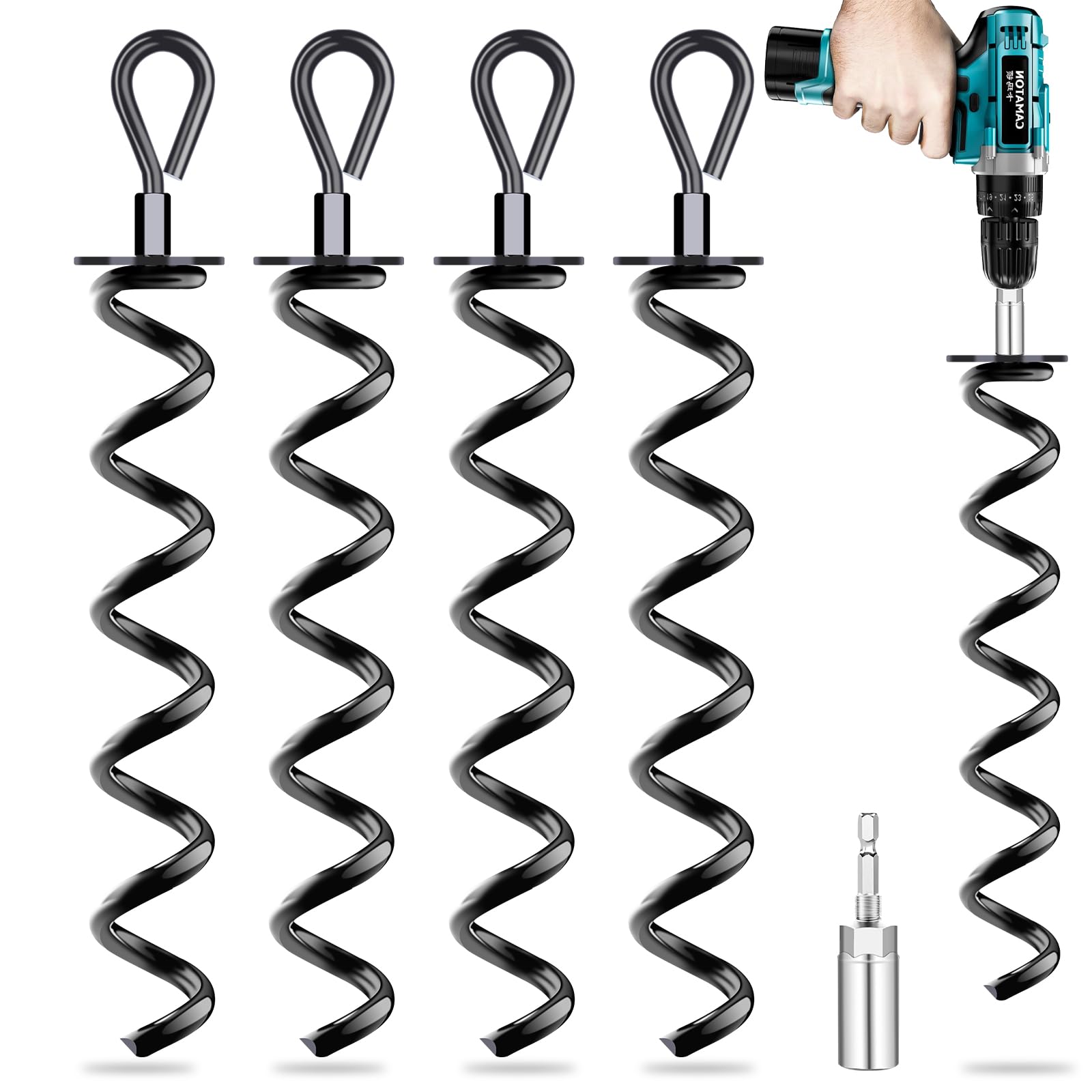Pack of 4 Ground Anchors with Adapter, Ground Anchor for Trampoline, Spiral Shed Anchor Kit for Securing Tents, Canopies, Tarpaulins, Trampolines, Swings (Black)