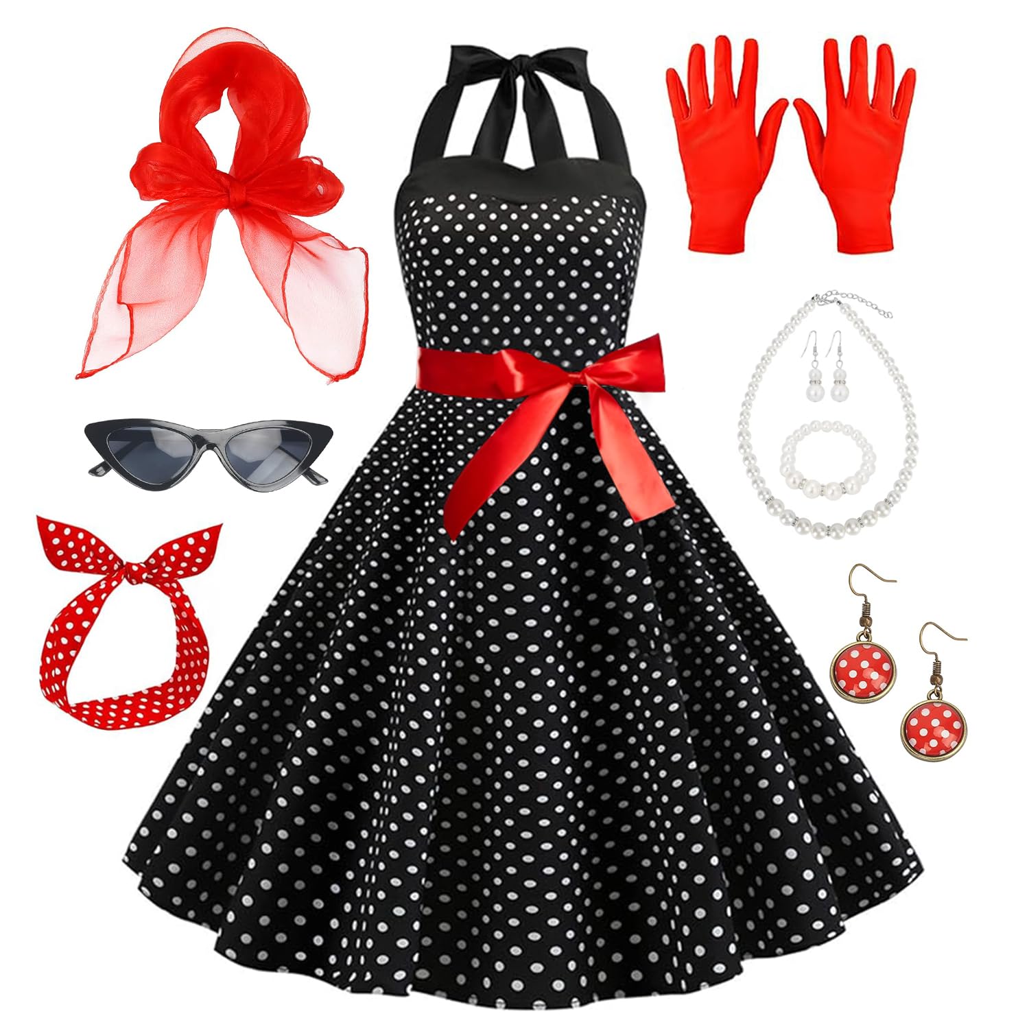 TOYTOPIE 50s Costume Accessories, 1950s Fancy Dress Kit Women Retro Outfit with Polka Dot Dress, Cat Eye Glasses, Scarf, Headband, Necklace and Gloves for 50s Theme Party Supplies Halloween Costume