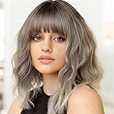 WERD Blonde Wavy Wig with Bangs Wavy Short Blond Bob Wig for Women Natural Looking Synthetic Ombre Blonde Wig for Daily Party Use