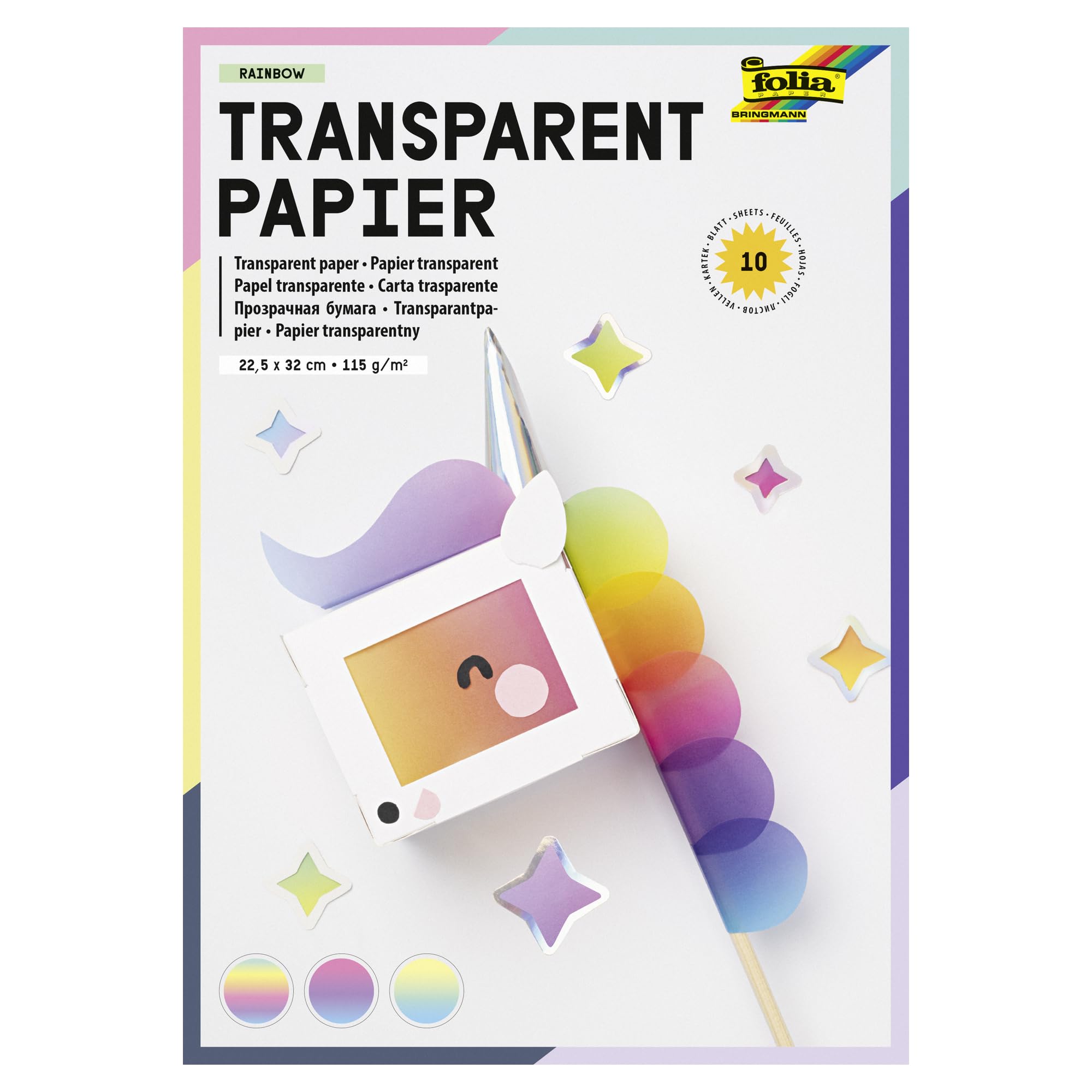folia 785 Folder with Rainbow Transparent Paper, Assorted Colours, 10 Sheets, 115 g/m², Approx. 22.5 x 32 cm, Ideal for Designing Lanterns, Window Pictures and Other Crafts