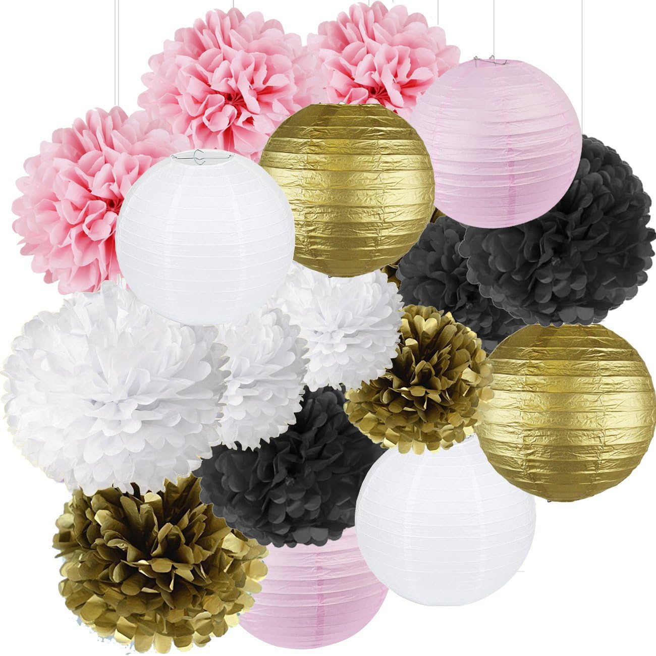 Sogorge French/Parisian Birthday Party Ideas Pink Gold White Black Paris Party Decorations Tissue Paper Pom Pom Paper Lantern for Girls' Birthday Decorations Ooh La La Baby Shower Decorations