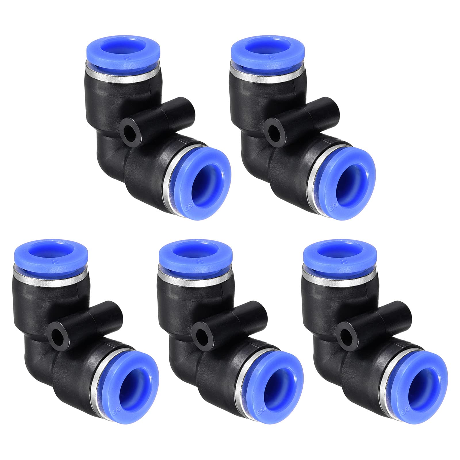 M METERXITY 5 Pack 90 Degree Elbow Push to Connect Air Hose Fittings, for Transporting Air Water, Apply to Outdoor/Industrial (8mm, Blue Black)