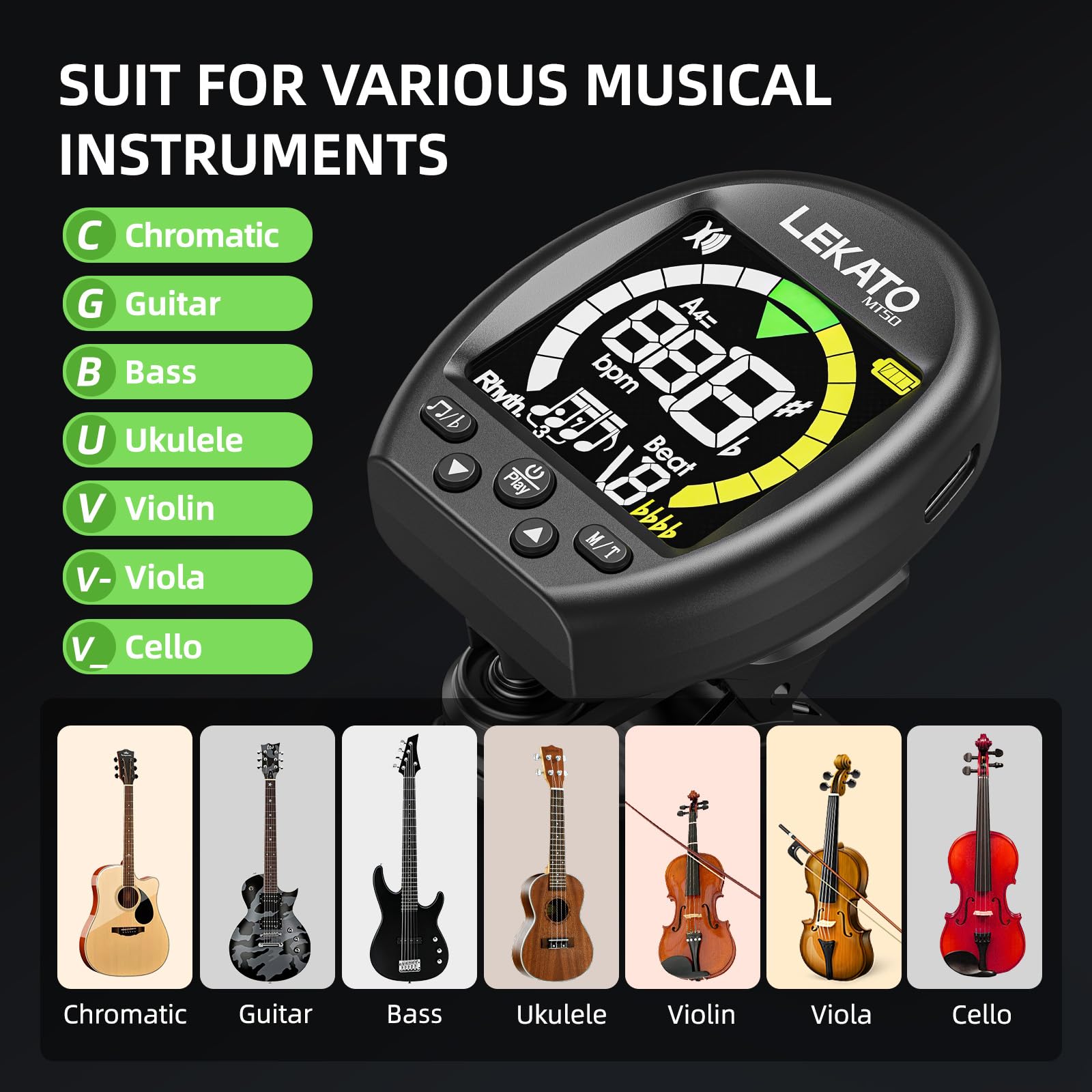 3 in 1 Stimmgerät Gitarre, Metronom-Tongenerator,LEKATO Wiederaufladbares chromatisches tuner mit Farbdisplay und Metronom, Clip-On Tuner für Gitarre, Bass, Ukulele, Violine und andere Instrumente 8