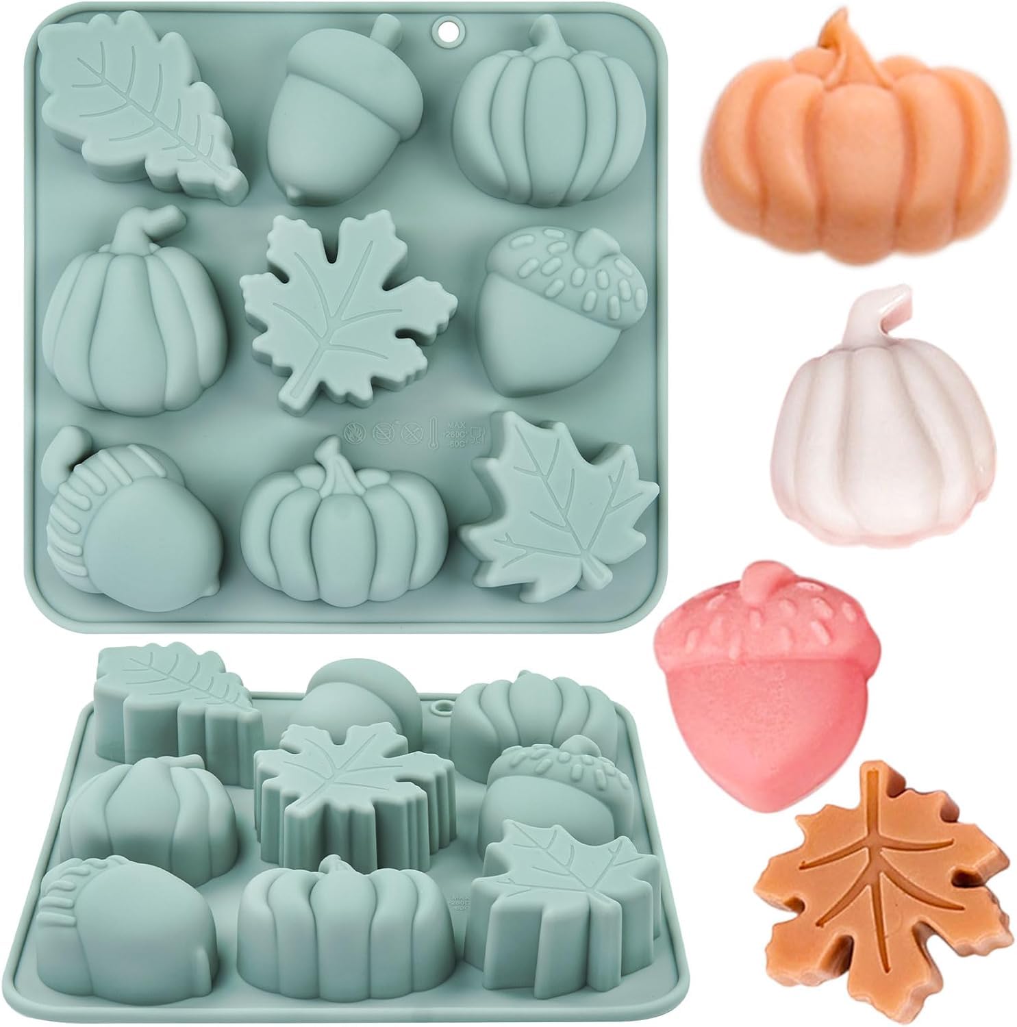 Photo 1 of 2 Pack 3D Pumpkin Silicone Mold Fall Silicone Mold Halloween Thanksgiving Candy Mold Autumn Maple Leaf Acorn Chocolate Cake Pan Baking Molds for Harvest Theme Cupcake Ice Cube Soap Making (Grey-B)