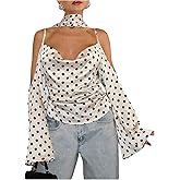 SweatyRocks Women's Polka Dots Cold Shoulder Satin Blouse Shirts Elegant Long Sleeve Ruched Date Night Tops with Scarf
