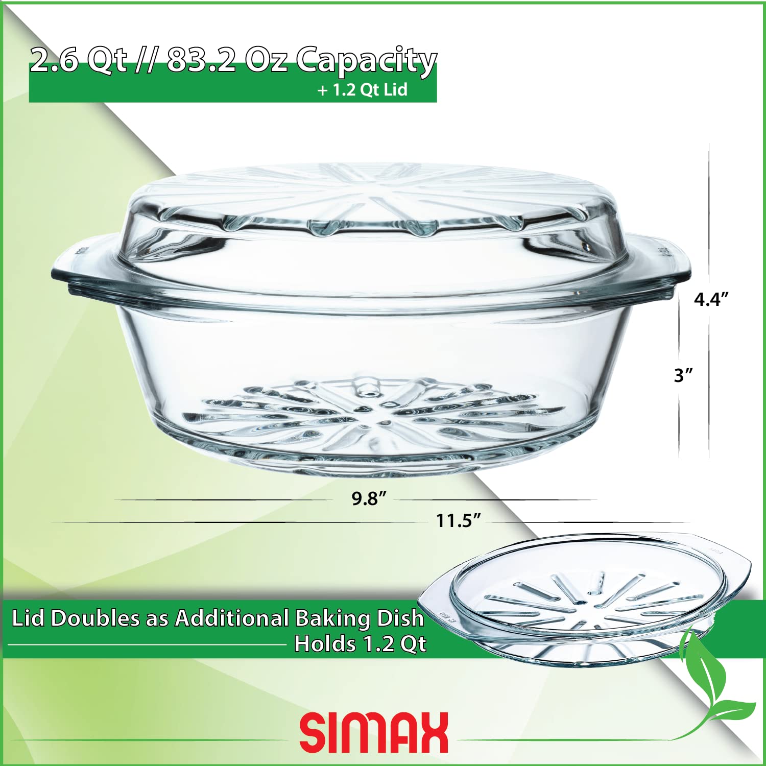 Simax Casserole Dish For Oven, Glass Baking Dish With Lid, Ridged Design for Low Fat Cooking, Microwave, Oven, and Dishwasher Safe Cookware, Borosilicate Glassware, 2.6 Qt. Round Baking Dish