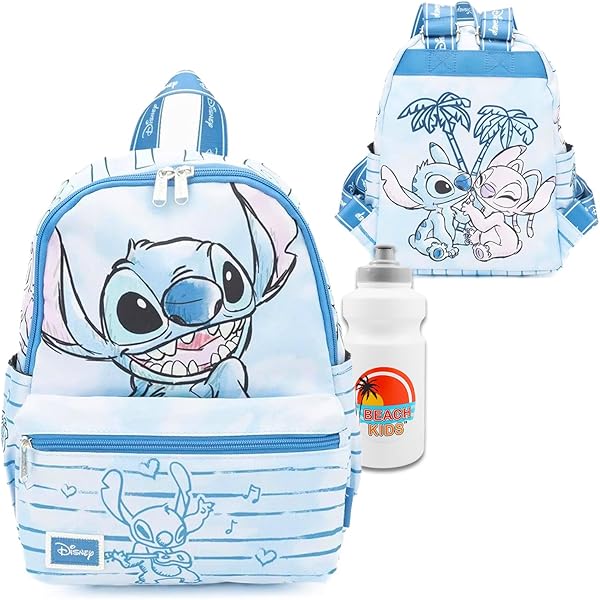 Mochila Stitch Para Niñas, Paquete Con Mochila De 16 Pulgadas Con Bolsillo Frontal Más Botella De Agua, Pegatinas, Más | Juego De Mochila Para Niños